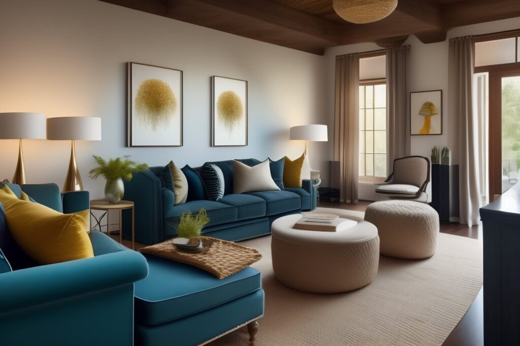 Uma sala de estar moderna com home staging e aconchegante com sofás azuis, almofadas amarelas, obras de arte abstratas na parede e iluminação suave, complementada por plantas verdes e uma grande janela