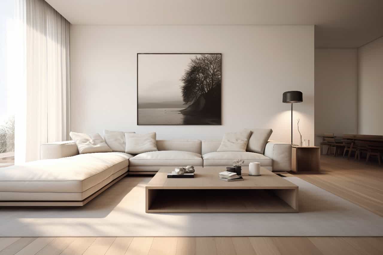 Uma sala de estar luminosa com sofá branco em forma de L, mesa de centro baixa, quadro de árvore em preto e branco na parede, lâmpada de pé preta e grandes janelas com cortinas translúcidas.