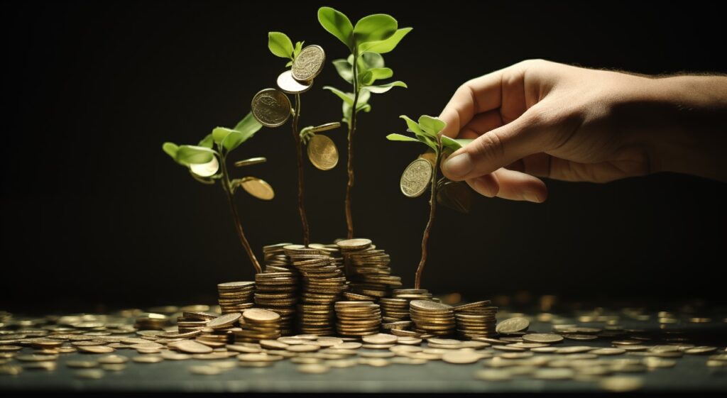 Mão tocando delicadamente um broto verde crescendo de um monte de moedas, simbolizando investimento e crescimento financeiro