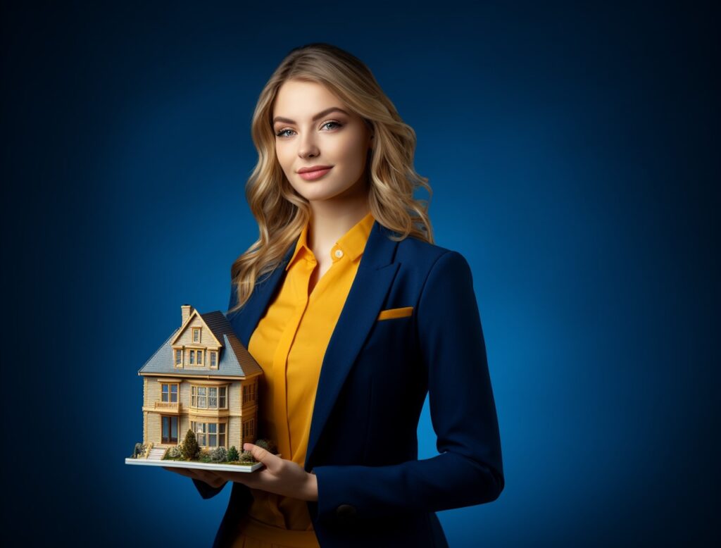 Profissional imobiliário em traje formal segurando um modelo de casa contra um fundo azul.