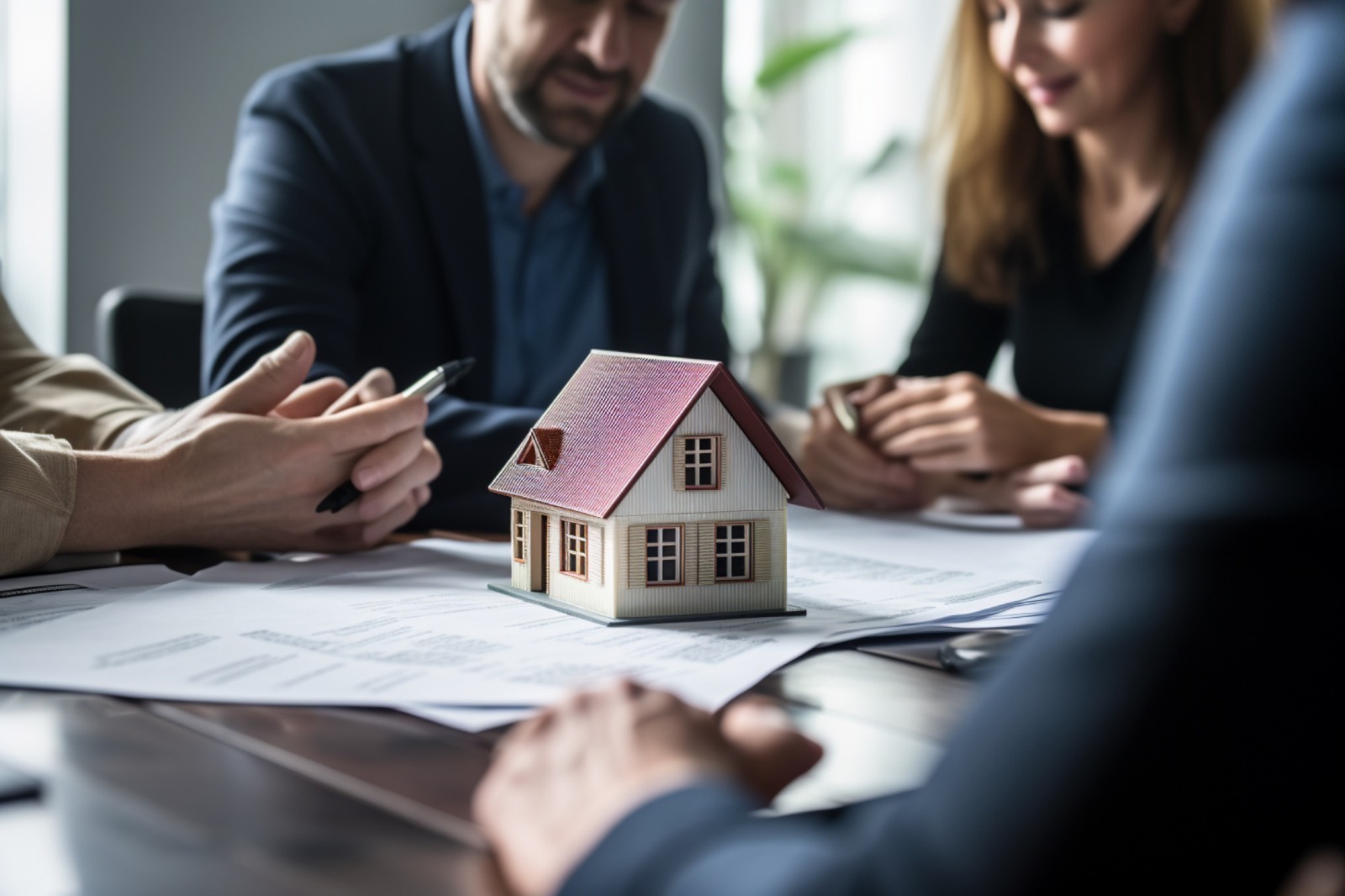 Três profissionais não identificados sentados à mesa durante uma reunião imobiliária com um modelo de casa no centro, representando o tema