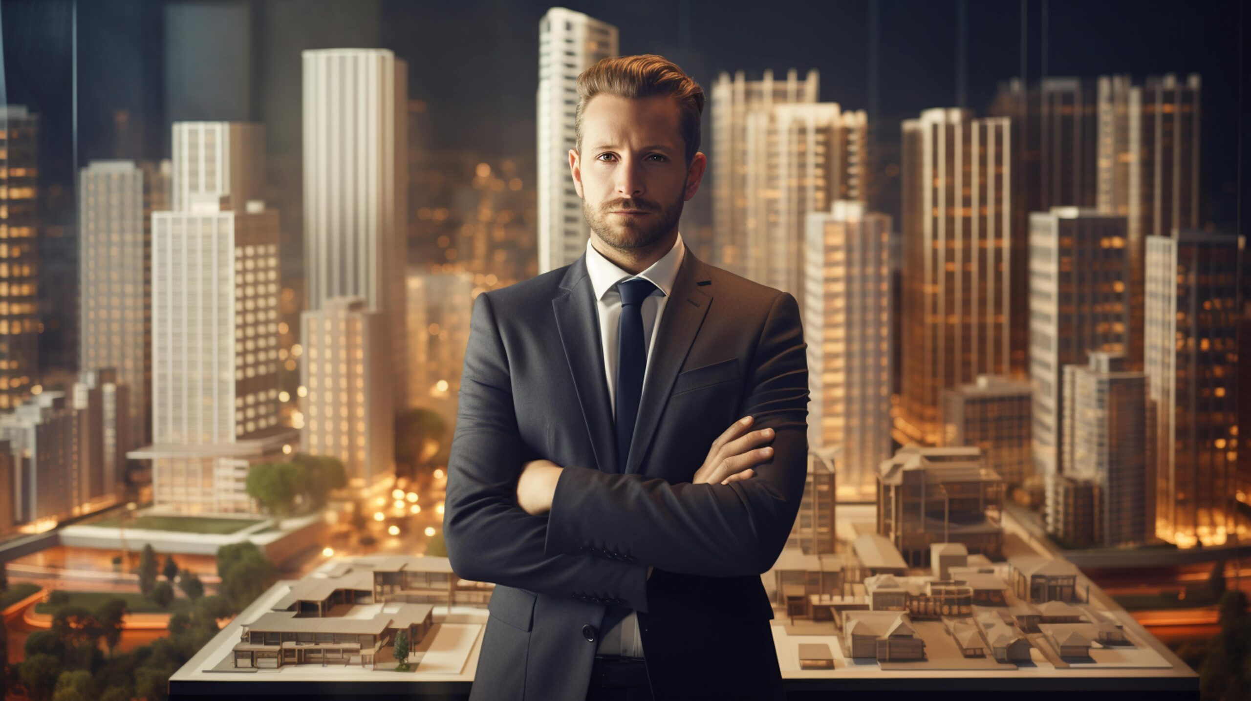 Homem de negócios com traje formal em pé diante de uma maquete arquitetônica de uma cidade, representando o profissionalismo no setor imobiliário. Como consultar o CRECI de um corretor.