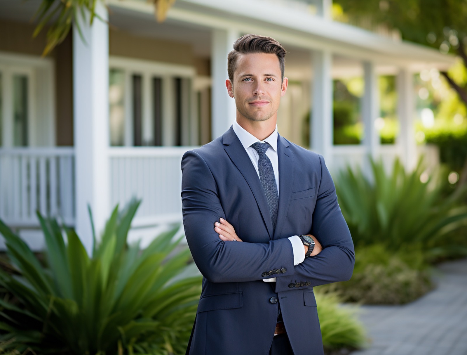 Um homem vestido com terno azul escuro e gravata posa com os braços cruzados em frente a uma casa residencial, simbolizando os benefícios do CRECI para profissionais do ramo imobiliário.