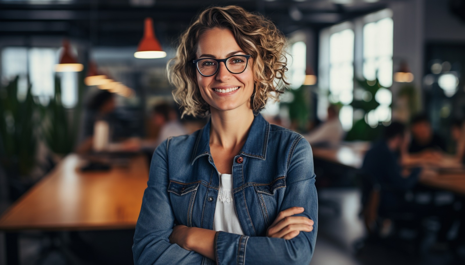 Mulher em pé com braços cruzados em um escritório, vestindo jaqueta jeans, simbolizando profissionalismo e confiança, em contexto com o termo ‘como tirar o creci’.