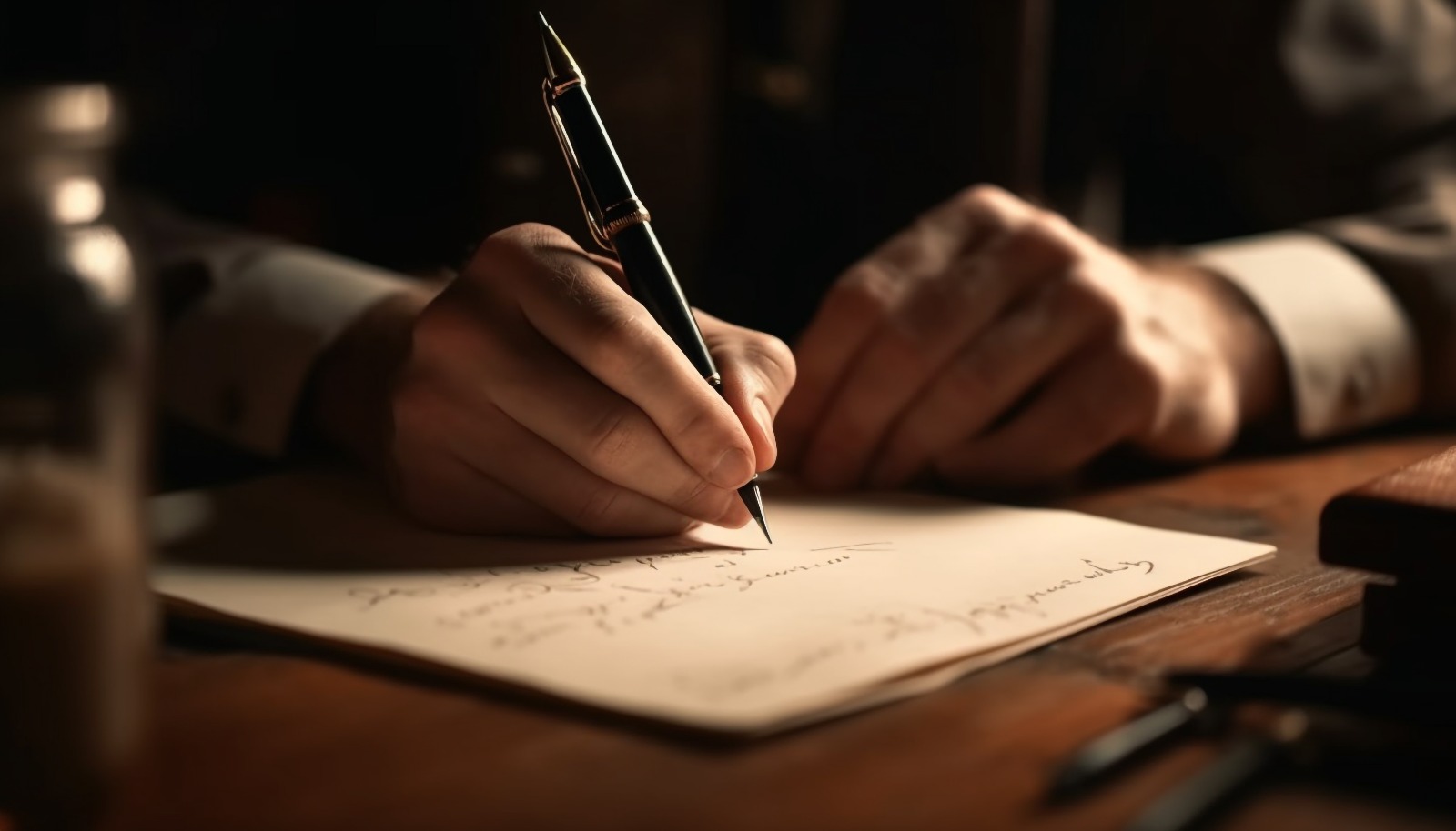 Uma pessoa assinando um Contrato de Administração de Imóveis, iluminada por uma luz suave que destaca a mão segurando a caneta e o texto no papel.